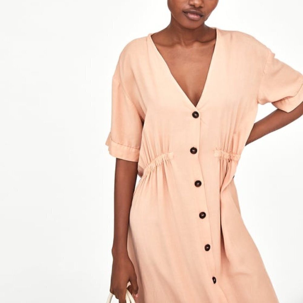 Zara TRF Light pink button down midi dress size S